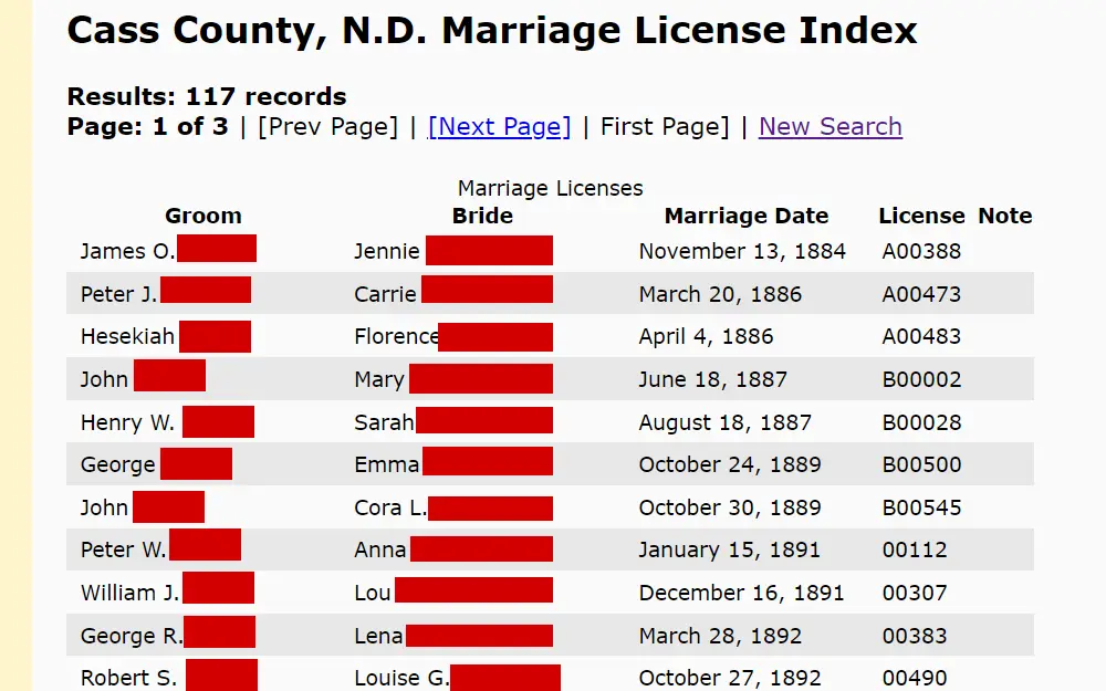 A screenshot of the Cass County, ND Marriage License Index on the North Dakota State University Archives displays the document information list, including the bride and groom's name, marriage date and license note. 
