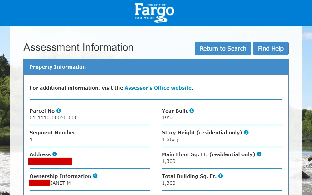 A screenshot of the parcel search results on the City of Fargo Assessor's Office page, displays list of properties including information such as, parcel no., segment number, address, ownership information, year built and building description.