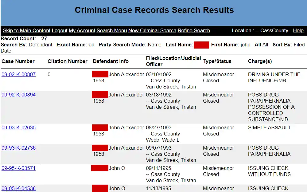 A screenshot of the Criminal Case Records Search results shows the list of cases with the case number, citation, defendant info, filed/location/judicial officer, status and charge.