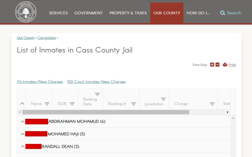 A screenshot of the list of inmates in Cass County Jail with their full names, DOB, booking date & no., jurisdiction and charge count.