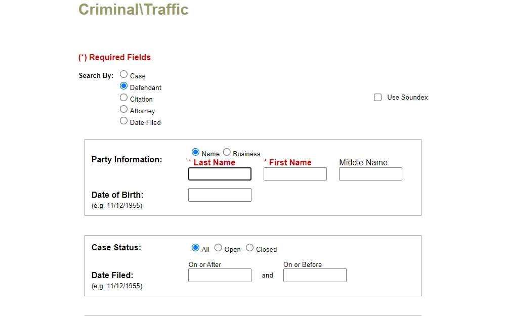 A screenshot from the North Dakota Courts website search page to look for criminal/traffic case information displays the needed fields to search, such as party name, DOB, case status and date filed.