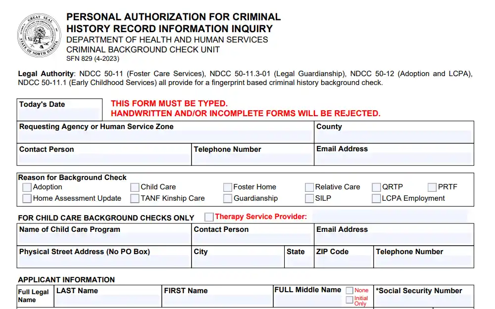 The screenshot of the Personal Authorization form for Criminal History Record Inquiry displays the required information for the search, including the logo of the Department of Health and Human Services in the top left corner.