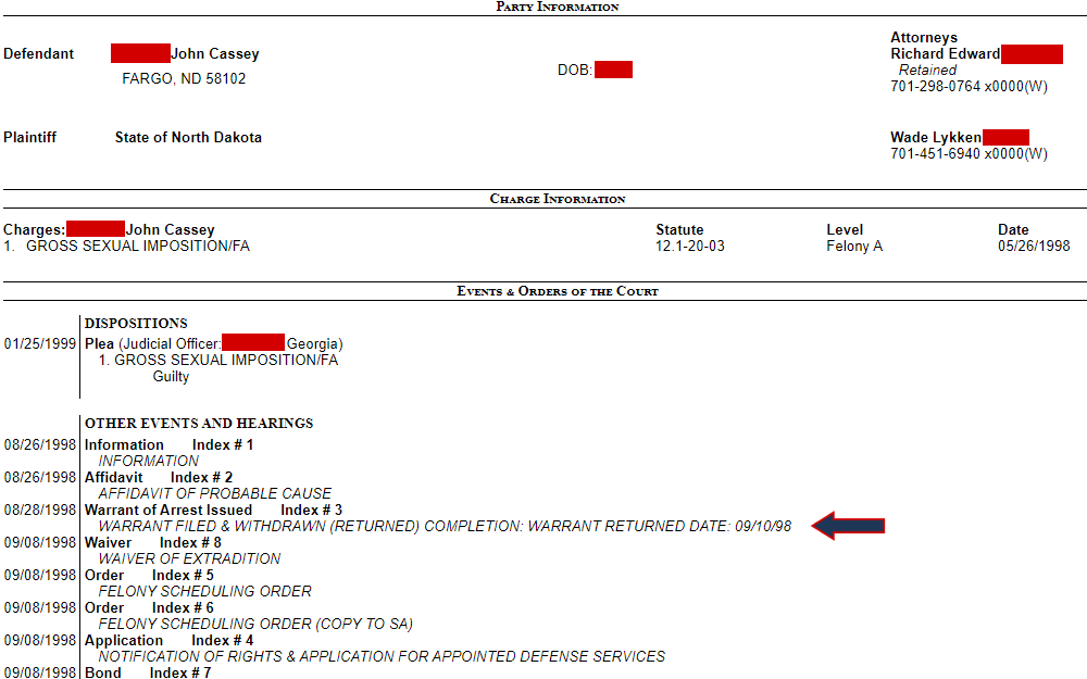 Screenshot of a case detail of an individual from North Dakota Courts, showing the sections for party information, charge information, and events with the warrant issuance highlighted by an arrow.