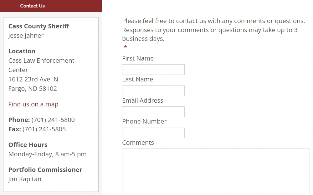 Screenshot of the online contact form of Cass County Sheriff's Office with fields for name, contact information, and comments, and a side panel containing the agency's address, contact numbers, contact persons, and office hours.