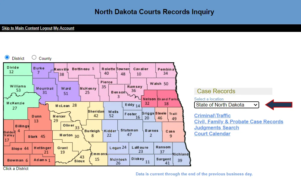Screenshot of the search tool showing a color coded map of North Dakota and a drop down for location.