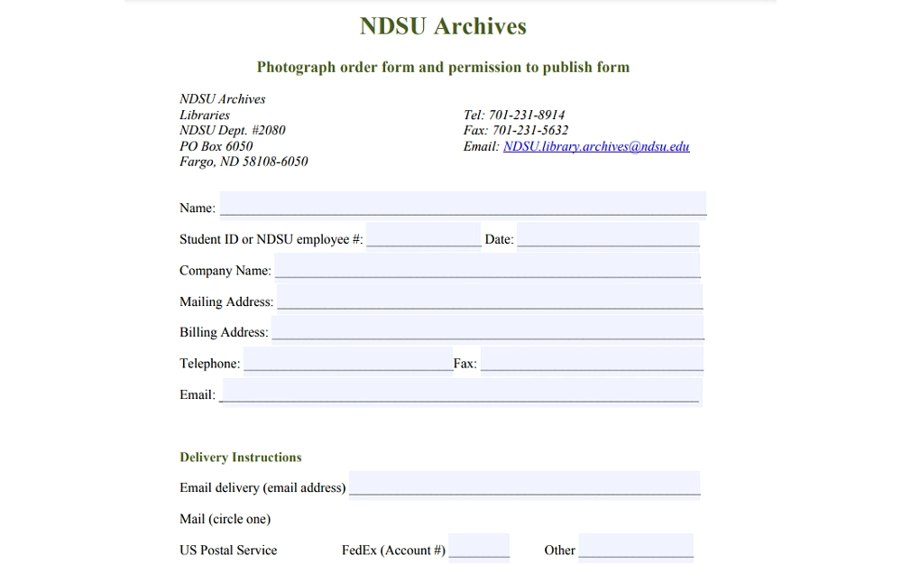 A screenshot displaying a NDSU archives photograph order and permission to publish form requiring information such as name, student ID or NDSU employee number, date, company name, mailing and billing address and others.