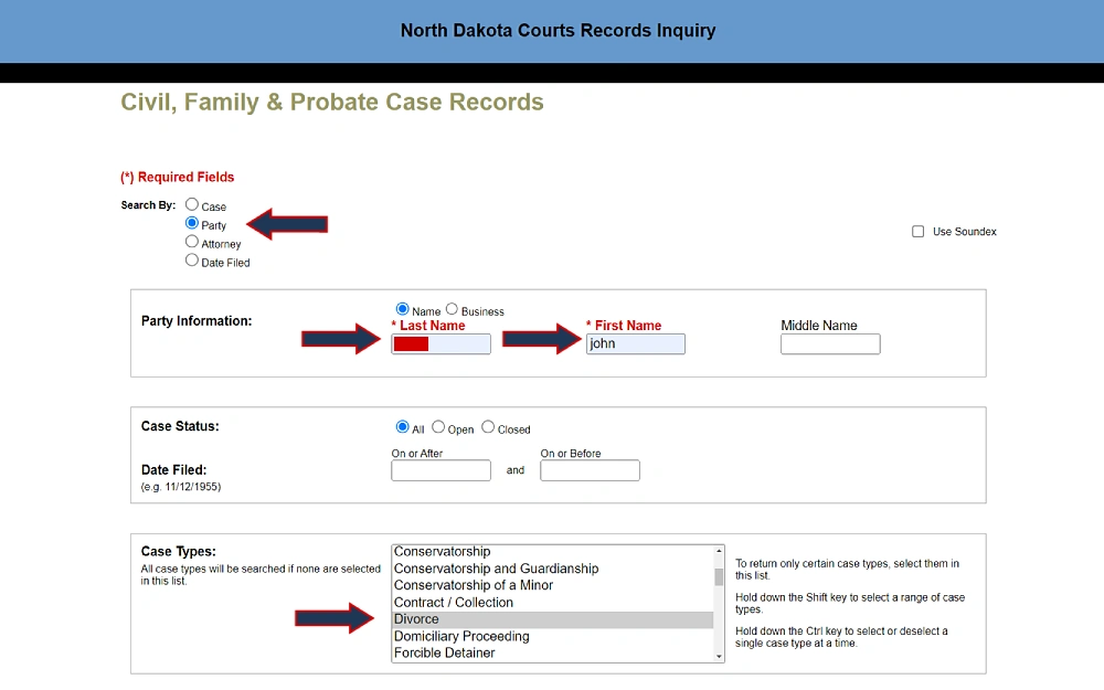 A screenshot showing the North Dakota courts record inquiry search tool that has criteria to find case by party first, middle and last name, case status, date filed, case types and others.