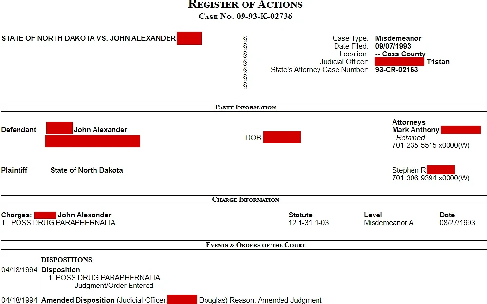 Snapshot of the results of the Criminal Case Search on the North Dakota Courts Page displays information such as case type, date filed, party information, charge information and events & order of the court.