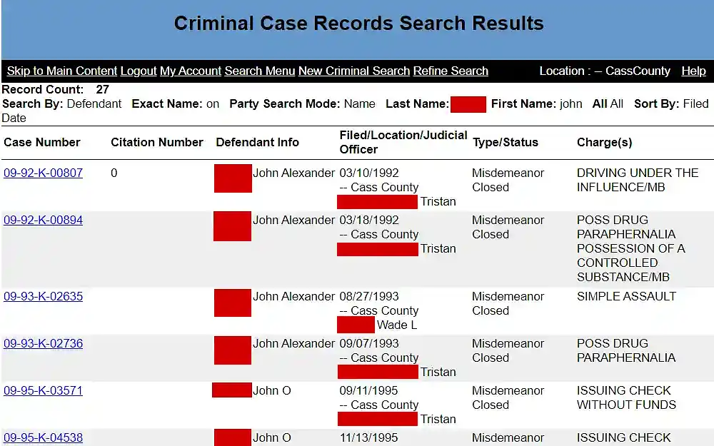 A screenshot of the Criminal Case Records Search results shows the list of cases with the case number, citation, defendant info, filed/location/judicial officer, status and charge.